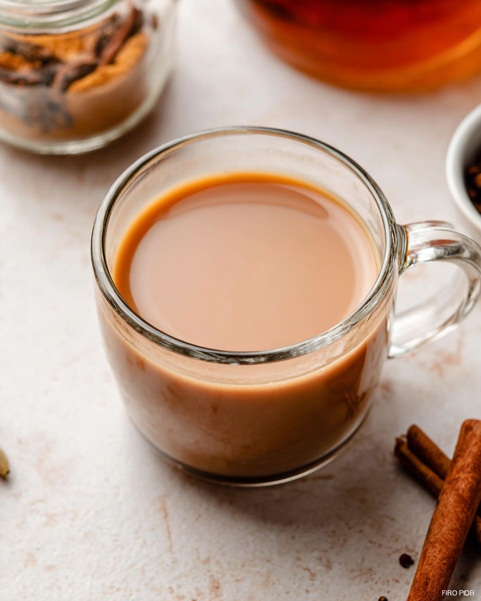 A clear glass cup filled with smooth, light brown chai tea, resting on a white marbled surface; the tea fills the cup almost to the top, with a slightly darker ring of tea near the edges, creating a gentle gradient from light brown in the center to a richer brown at the rim; nearby, a jar with loose chai spices and some cinnamon sticks are partially visible, adding warm brown tones to the scene. photo taken with an iphone --ar 4:5 --v 7