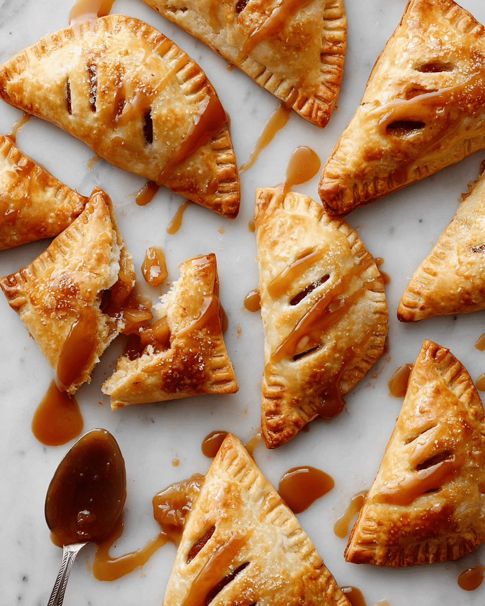 The image shows several golden brown triangular pastries arranged on a white marbled surface, each with four small slits on top and crimped edges. The pastries are drizzled with a glossy caramel sauce that pools slightly on the surface around them. One pastry is broken open, revealing a filling of small, soft, orange-brown fruit pieces inside. A spoon with some caramel sauce on it is visible near the bottom left corner. The caramel drizzle is thick and shiny, creating a rich contrast on the warm-toned pastries. Photo taken with an iphone --ar 4:5 --v 7