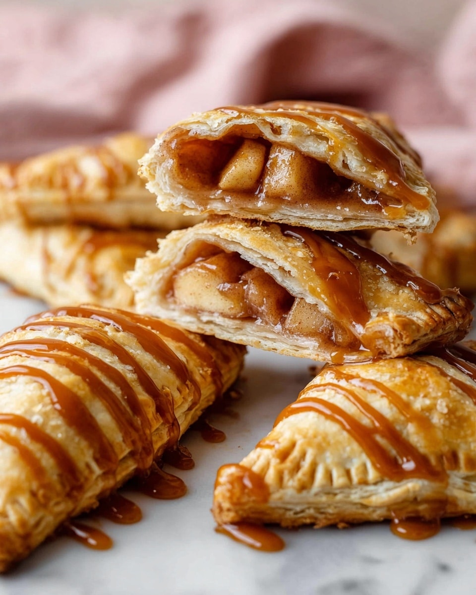 The image shows multiple golden-brown apple turnovers on a white marbled surface, with one turnover cut open to reveal a thick layer of soft, brown cinnamon-spiced apple filling inside flaky pastry layers. The turnovers have a shiny glaze and are drizzled with smooth caramel sauce that adds a sticky texture on top. The flaky pastry is light, crisp, and layered, contrasting with the soft apple cubes inside. The scene includes a soft pink cloth blurred in the background. Photo taken with an iphone --ar 4:5 --v 7