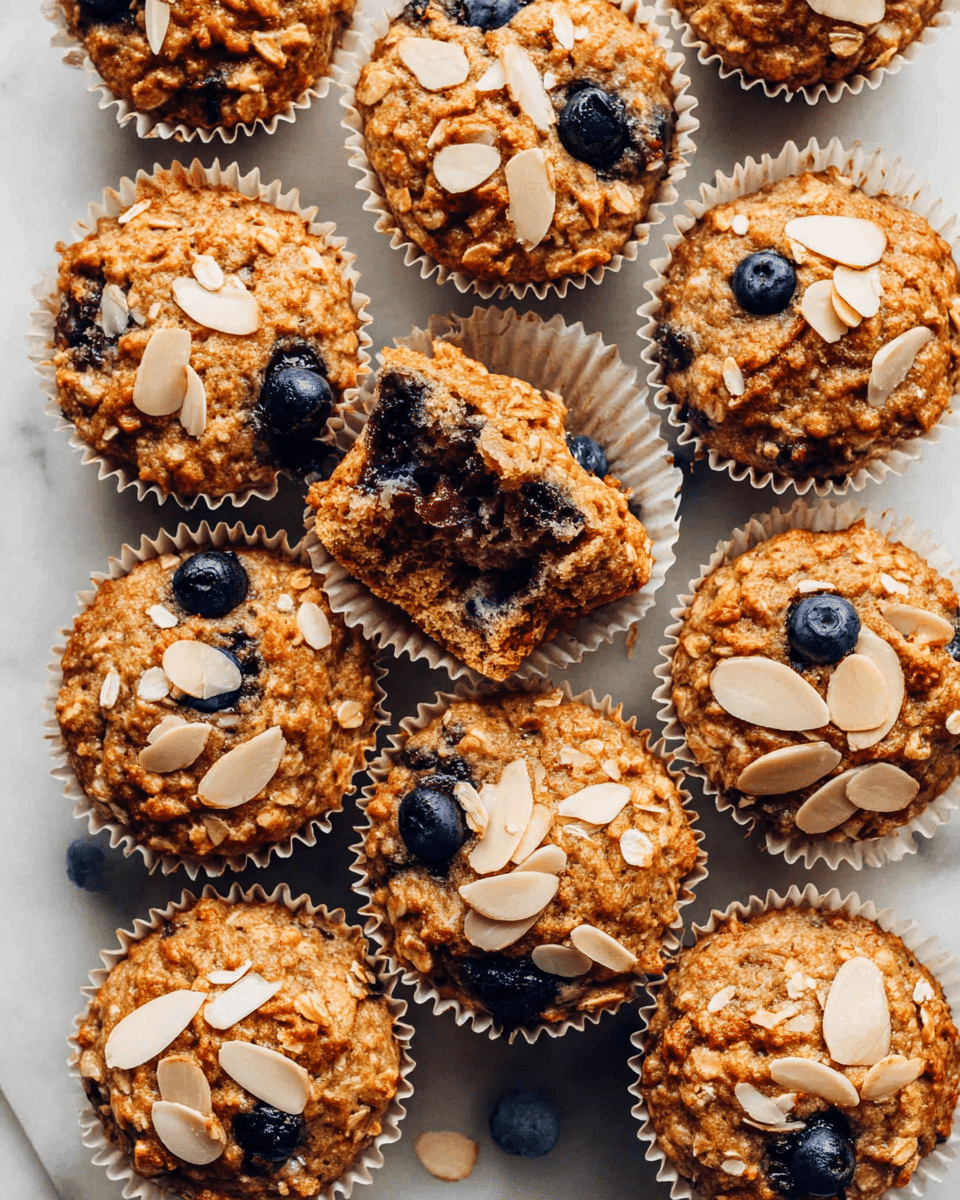 A group of thirteen oatmeal muffins with a golden brown color sits on a white marbled surface, each topped with thin, light tan almond slices and scattered dark blue blueberries. The muffins have a textured look with visible oats throughout and dark blueberry spots inside. One muffin in the center is open, showing its moist inside filled with blueberries and oats. The muffins are wrapped in light, ridged white paper liners and arranged closely together in three rows. photo taken with an iphone --ar 4:5 --v 7