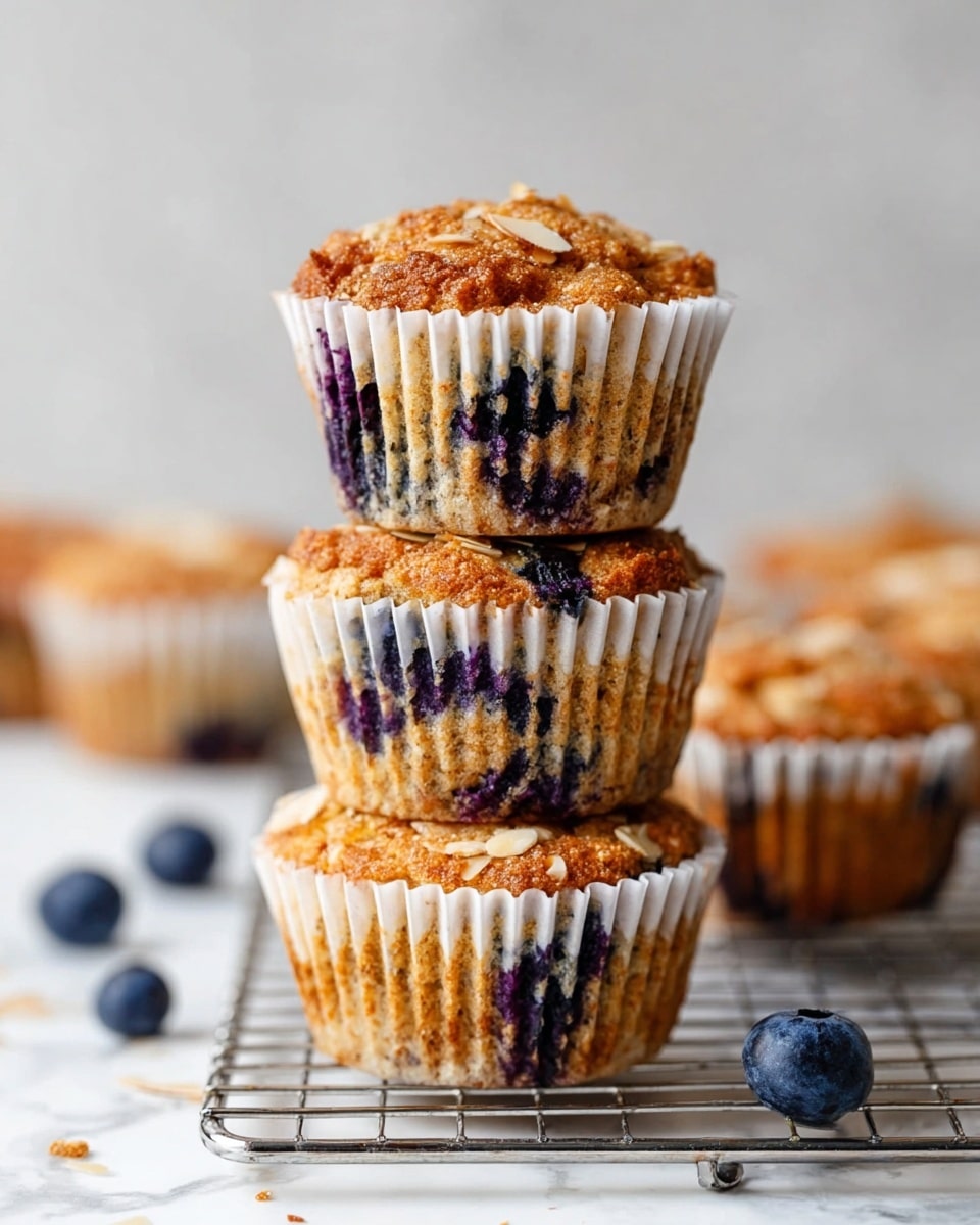 A stack of three blueberry muffins wrapped in ribbed white paper liners sits on a cooling rack. Each muffin has a golden-brown top with a slightly crumbly texture, dotted with small almond slivers and visible blueberries inside, giving dark purple spots through the light brown batter. The cooling rack rests on a white marbled surface, with a single fresh blueberry and small crumbs scattered around in the foreground. In the blurred background, more muffins are visible, also wrapped in white liners with similar texture and colors. photo taken with an iphone --ar 4:5 --v 7