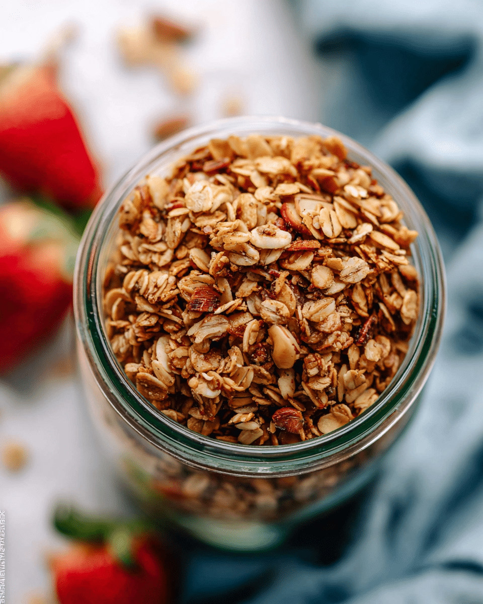 A close-up view of a glass jar filled to the top with golden brown granola, showing toasted oats and nuts in different shapes and sizes with a crunchy texture. The granola appears layered densely inside the jar with uneven, natural clusters. The background has a soft focus with hints of strawberries and a light blue cloth, placed on a white marbled surface. photo taken with an iphone --ar 4:5 --v 7