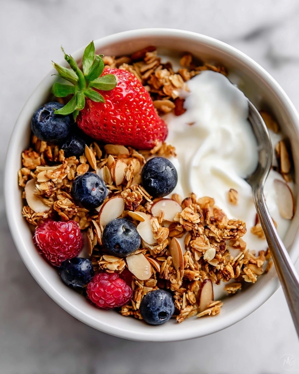 A white bowl filled with a base layer of creamy white yogurt, topped with a thick layer of golden brown granola mixed with sliced almonds, scattered blueberries, and bright red raspberries. A large red strawberry with green leaves sits on the granola near the bowl's edge. A silver spoon rests on the right side, scooping some yogurt and granola. The bowl is placed on a white marbled textured surface. Photo taken with an iphone --ar 4:5 --v 7