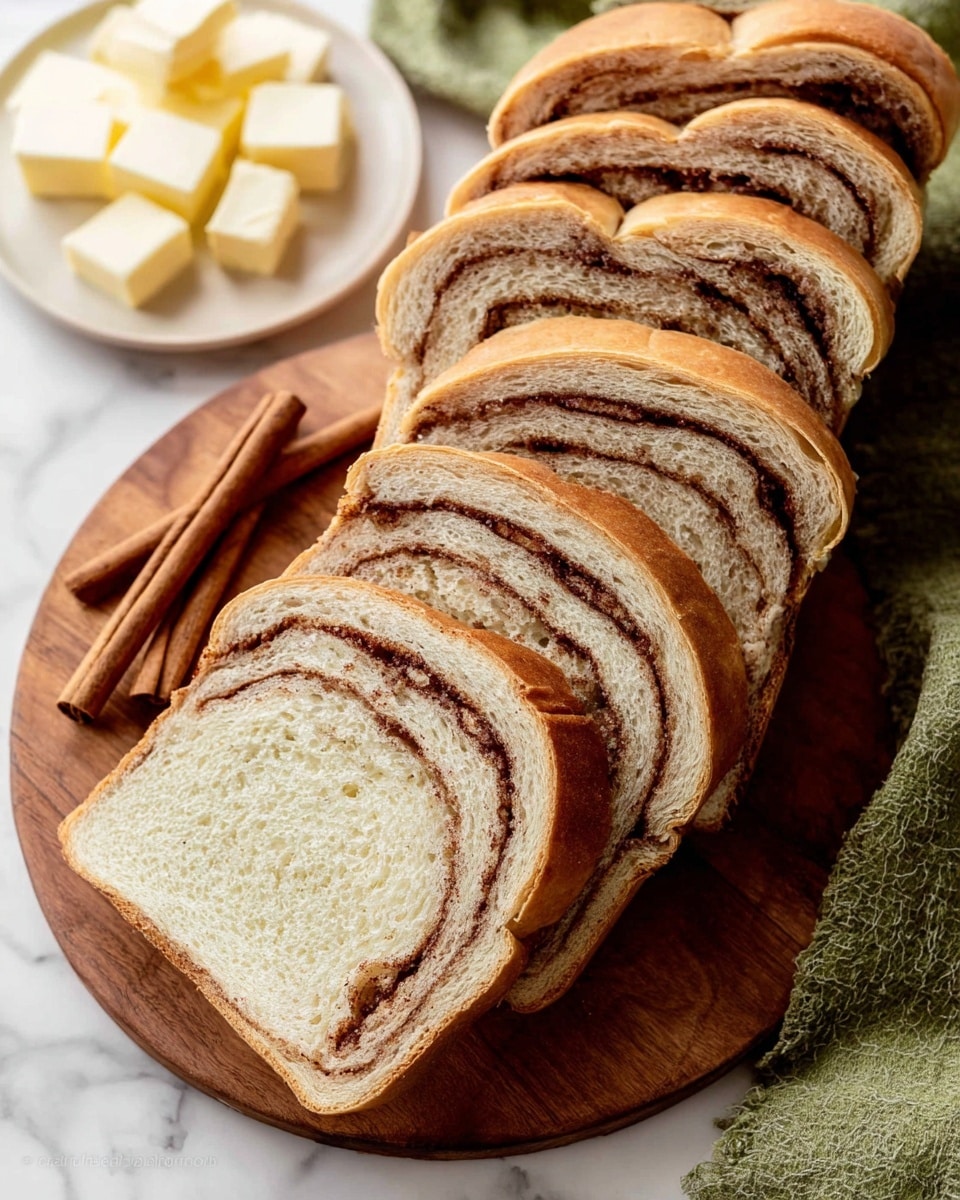 A loaf of cinnamon swirl bread is sliced and arranged neatly on a round wooden board, showing about eight slices with a visible swirl pattern of cinnamon inside each slice. The bread has a light brown crust and soft, airy white inside with a dark brown cinnamon spiral. Two cinnamon sticks lie beside the bread on the board. A small round white plate with a few cubes of butter is placed behind the bread near a green cloth, all set on a white marbled surface. Photo taken with an iphone --ar 4:5 --v 7