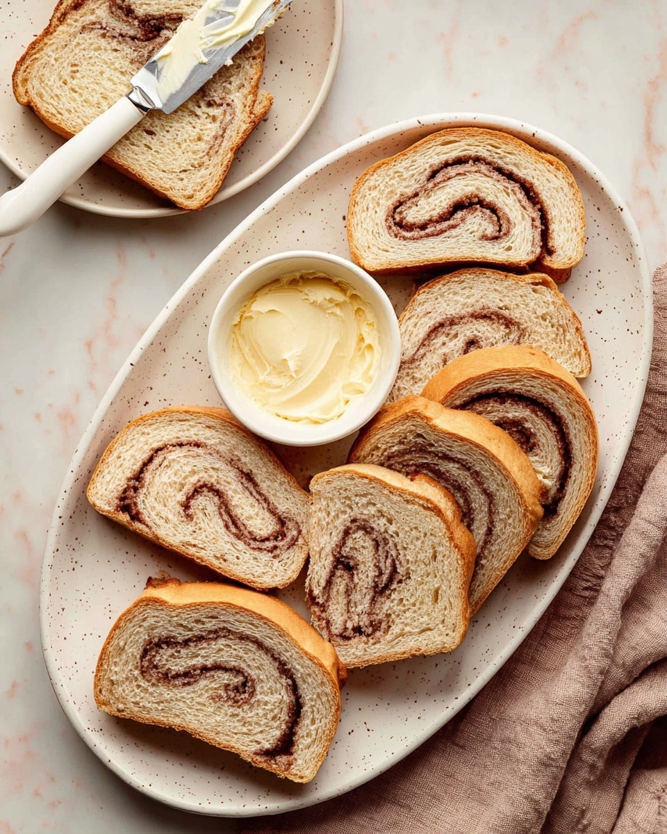 The image shows seven slices of cinnamon swirl bread with a light brown crust and soft beige interior, each slice having a dark brown cinnamon spiral running through the middle. The slices are placed on a white oval plate with a speckled pattern. In the middle of the plate, there is a small white bowl filled with creamy pale yellow butter. To the left, a white plate holds one slice of bread spread with butter, next to a butter knife with a white handle and silver blade, resting on a white marbled surface. A light brown cloth is partially visible in the bottom right corner. photo taken with an iphone --ar 4:5 --v 7
