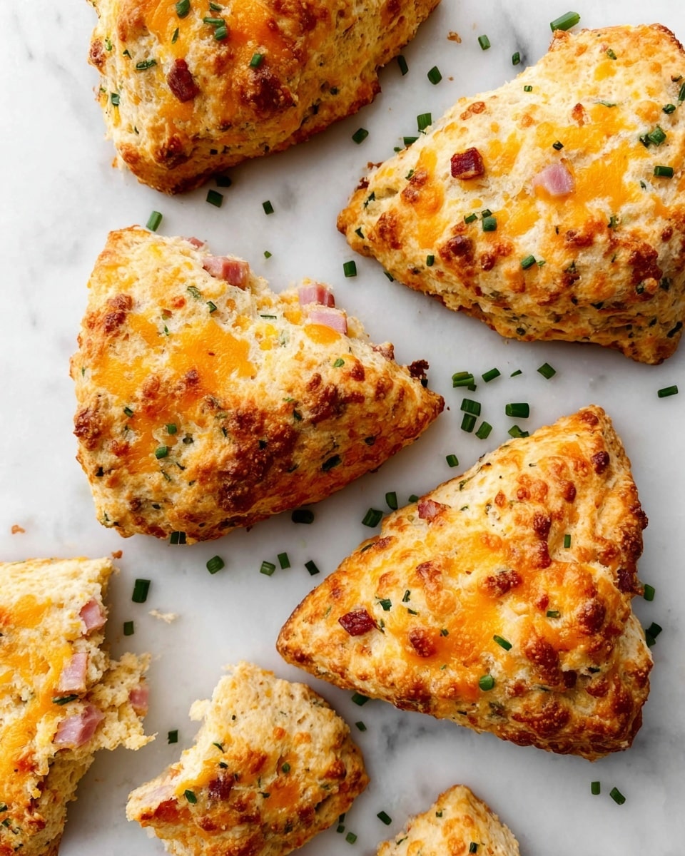 The image shows several golden-brown scones spread on a white marbled surface. Each scone is triangular with a rough, crumbly texture and a crispy top, flecked with small bits of orange cheddar cheese and green chives. Some scones have visible pieces of pink ham embedded inside, adding color variation. One scone is broken open, revealing a soft, fluffy interior with cheese and ham bits inside. Small crumbs and scattered pieces of chive and cheese are lying around the scones, enhancing the fresh-baked look. photo taken with an iphone --ar 4:5 --v 7