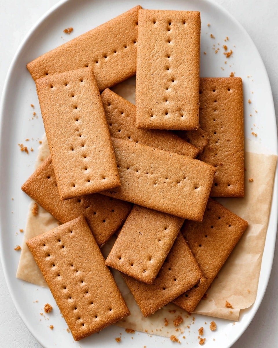 A white oval plate on a white marbled surface holds about fifteen rectangular golden-brown graham crackers scattered loosely, some stacked slightly on top of each other. The crackers have a rough textured surface with small holes in three rows down the center, and crumb bits are visible on the plate and nearby surface. A piece of light brown parchment paper lies under part of the pile, adding contrast to the warm tones of the crackers. Photo taken with an iphone --ar 4:5 --v 7