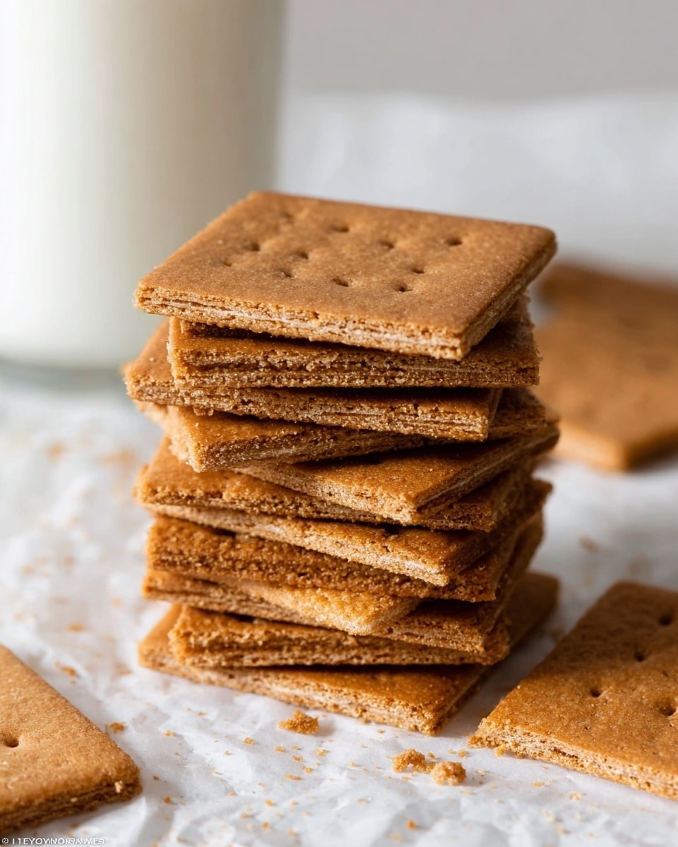 A stack of nine square-shaped graham crackers with a light brown, crumbly texture and small holes on their surface is placed center on a white marbled surface covered with a white paper sheet, with a few cracker crumbs scattered around; a clear glass of white milk is blurred in the background. photo taken with an iphone --ar 4:5 --v 7