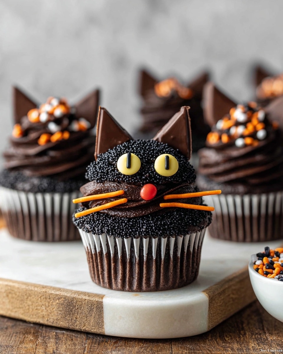 A single cupcake with three clear layers is shown, starting with a dark chocolate cake base in a white cupcake liner. The middle layer is thick, dark chocolate frosting swirled high with a rich, smooth texture, topped with black sugar sprinkles giving a rough look. On top of this frosting sits two large, round yellow candy eyes with thin vertical black lines as pupils, a small round red candy nose centered below the eyes, and six thin orange candy whiskers. Two triangular pieces of light brown chocolate stand upright at the back of the cupcake to represent cat ears. In the blurred background, other similar cupcakes are decorated with dark chocolate swirls and orange, white, and black sprinkles. The surface underneath is a wooden board resting on a white marbled texture. Nearby, a white bowl holds matching black, orange, and white sprinkles. photo taken with an iphone --ar 4:5 --v 7
