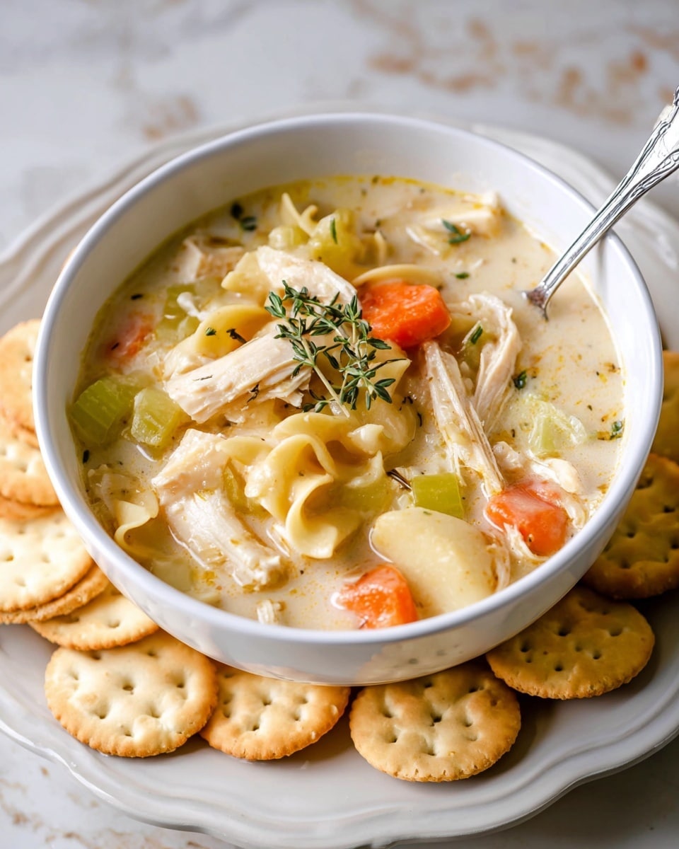 A white bowl filled with creamy chicken noodle soup sits on a white plate with small round crackers scattered around the plate base. Inside the bowl, layers of light beige shredded chicken, soft pale yellow noodles, bright orange carrot slices, and green celery chunks swim in a thick, creamy broth, topped with a sprig of fresh green thyme. A silver spoon is placed inside the bowl, resting against the soup's surface. The whole setting is on a white marbled texture, creating a clean and warm atmosphere. photo taken with an iphone --ar 4:5 --v 7