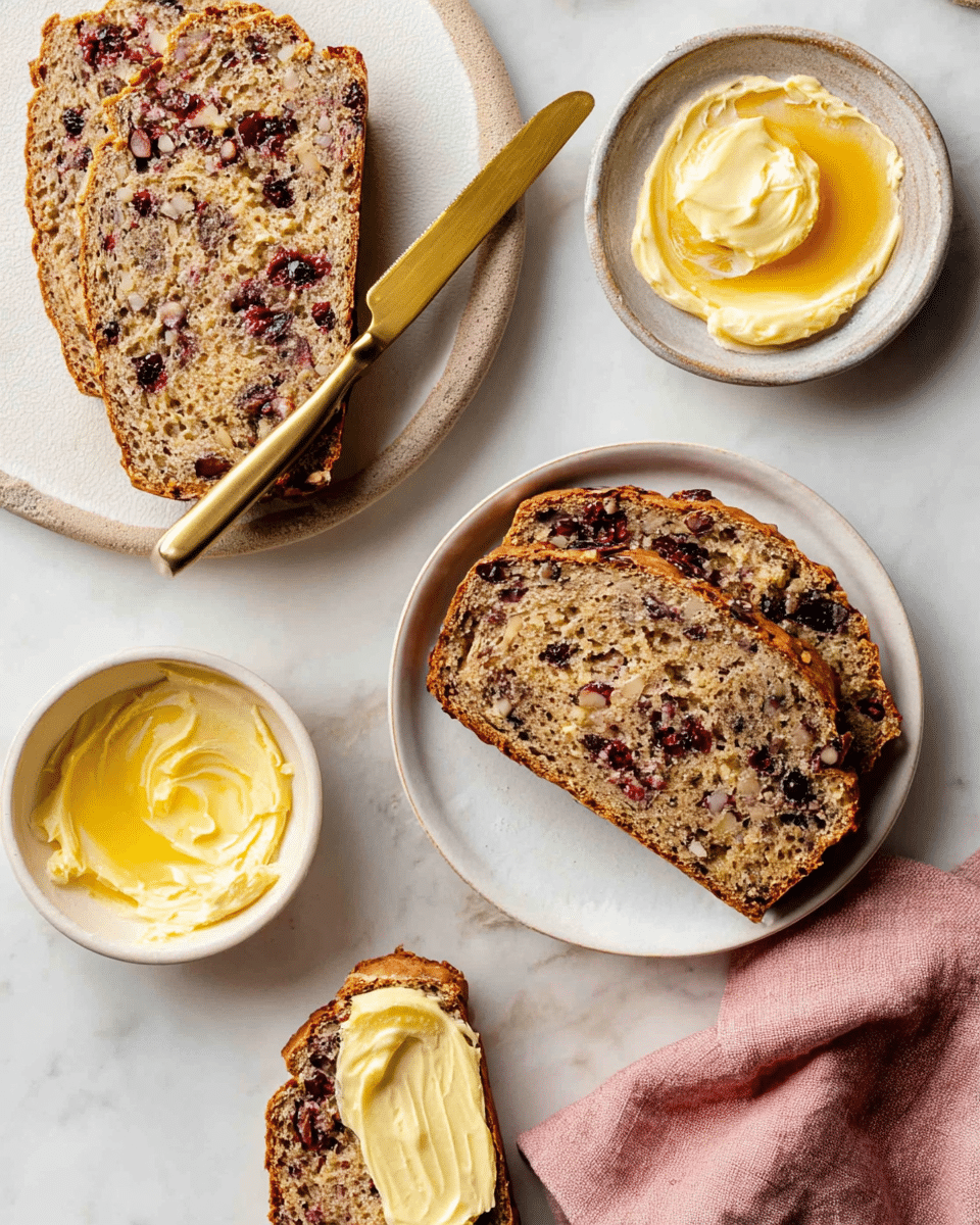 The image shows three slices of nut and berry bread with a light brown crust and a textured interior filled with dark red berries and light brown nuts. Two slices are placed on a white plate with one slice spread with creamy yellow butter. The third slice with a butter spread is positioned on a white plate with a golden knife resting beside it, holding some extra spread. Next to the plates, a small white bowl contains soft yellow butter with a swirl of honey. All items are set against a white marbled texture, with a pink cloth napkin slightly visible on the side. Photo taken with an iphone --ar 4:5 --v 7