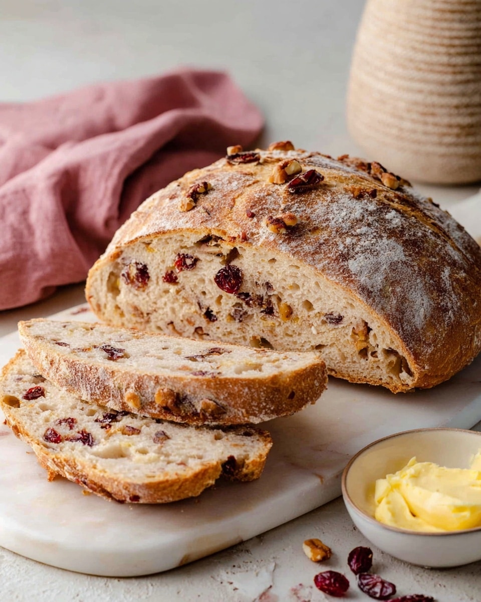 A round loaf of bread with a light brown crust dusted with flour is shown sliced on a white marbled board. The inside of the bread is pale with visible chopped walnuts and dark red dried cranberries spread throughout. Three slices lay flat in front of the loaf, showing the soft texture with bits of fruit and nuts. Nearby, a small bowl with creamy yellow butter adds color contrast. In the background, a pink cloth and a beige textured container add soft accents. Photo taken with an iphone --ar 4:5 --v 7
