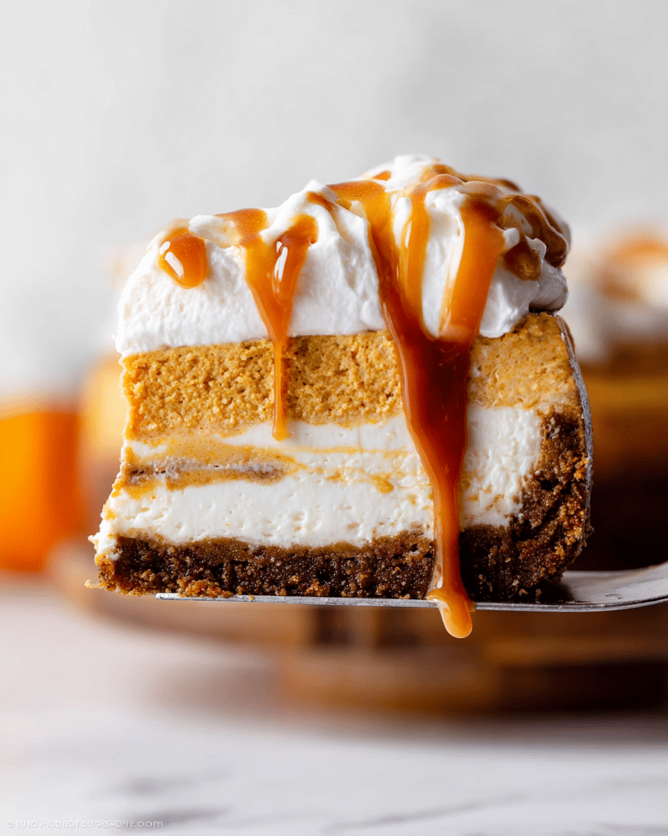 A close-up of a slice of layered pumpkin cheesecake held on a metal spatula showing four layers: a crumbly dark brown base, a thick creamy white cheesecake layer with swirls of orange pumpkin mixture, a thick smooth white whipped cream layer on top, and rich caramel sauce dripping down from the whipped cream over the sides. The background features a blurred cake on a white marbled surface with soft orange and cream colors. photo taken with an iphone --ar 4:5 --v 7