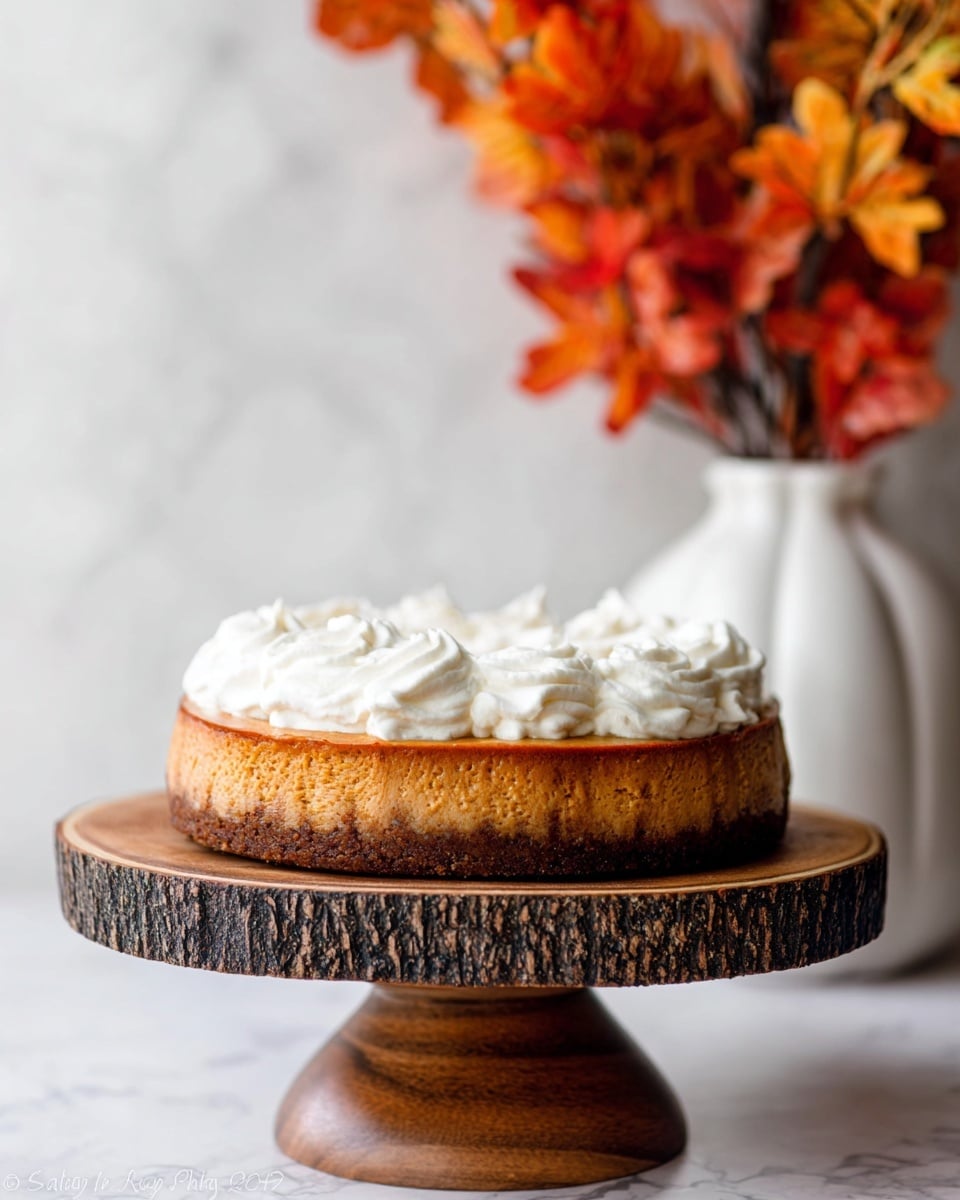 A three-layer dessert sits on a wooden cake stand with a rough bark edge. The bottom layer is dark brown with a crumbly texture, likely a graham cracker crust. Above that is a thick orange-brown middle layer with a smooth, dense texture like a cheesecake or pumpkin filling. The top layer is a thick, fluffy spread of white whipped cream with soft swirls and peaks. Behind the cake is a blurry white vase holding branches with bright red, orange, and yellow autumn leaves. The background is a white marbled texture. photo taken with an iphone --ar 4:5 --v 7