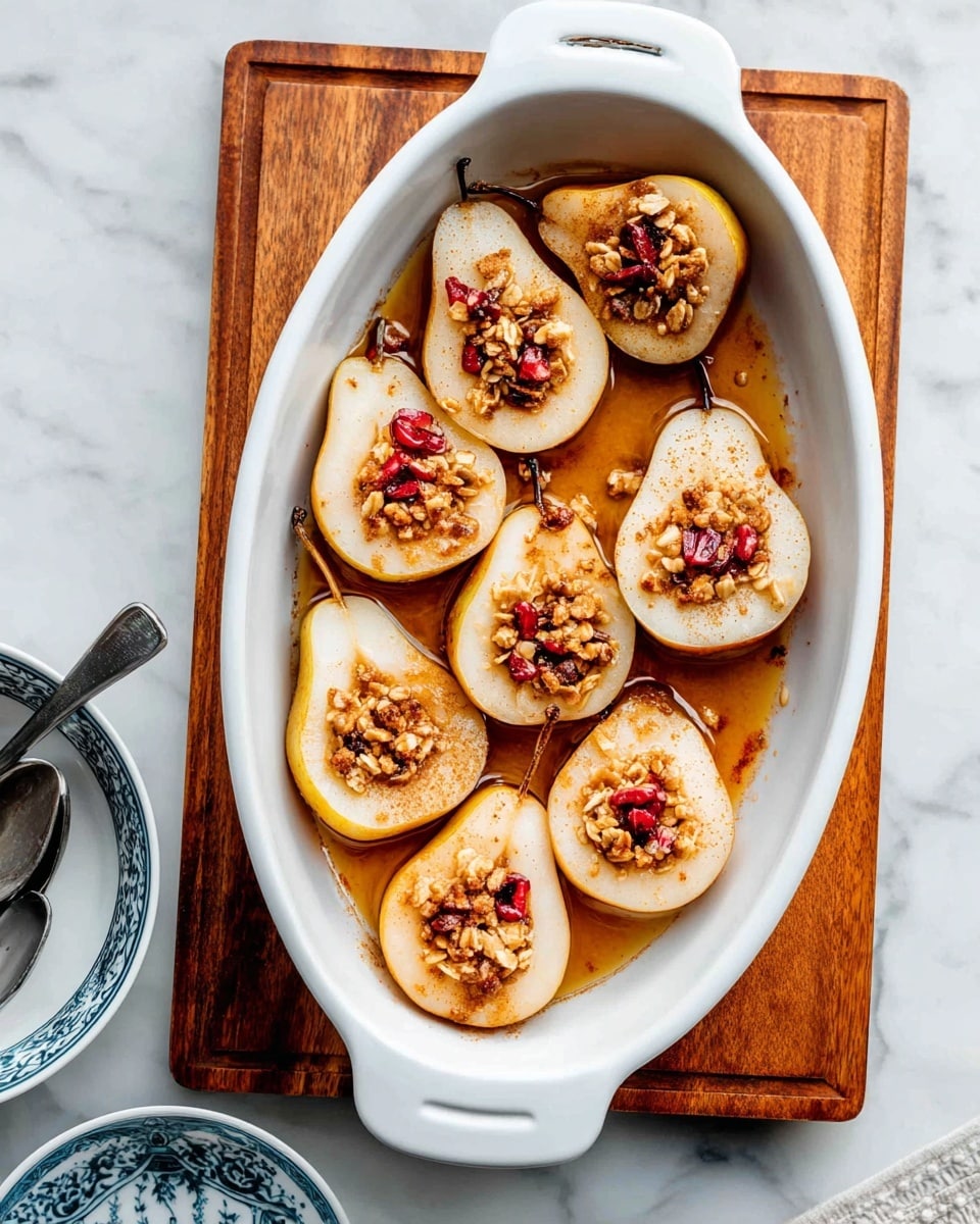 A white oval baking dish holds eight pear halves, each cut lengthwise with their center cavities filled with granola and some small red dried berries. The pear skin is a soft golden brown, while the flesh is creamy white. The granola topping is chunky and textured, sitting inside the hollowed centers. A sticky brown syrup pools lightly around the pears, and a light dusting of cinnamon or spice powder is sprinkled on top. The dish is placed on a rectangular wooden board over a white marbled surface with a part of a white bowl with blue pattern and a metal spoon visible at the bottom left. Photo taken with an iphone --ar 4:5 --v 7
