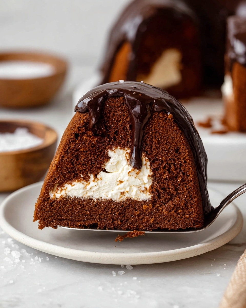 A close-up of a thick slice of brown cake with a soft texture, showing a single middle layer of white cream filling. The cake is covered in smooth, dark chocolate glaze that drips slightly down the sides. The slice is held by a metal spatula over a white plate with more slices of the same cake blurred in the background. The scene is set on a white marbled surface with a wooden bowl of coarse salt visible on the side. photo taken with an iphone --ar 4:5 --v 7