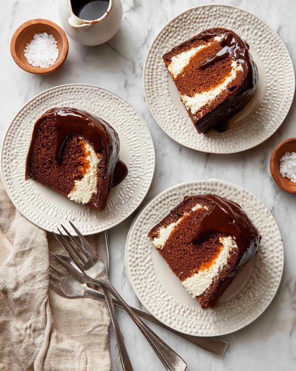 Three thick slices of brown cake with a white creamy center layer are placed on white decorative plates. Each slice is covered with a shiny dark brown glaze that drips down the sides. The plates are arranged on a white marbled surface, accompanied by two silver forks, a small wooden bowl with coarse salt, and a small white pitcher filled with more dark glaze. A beige cloth napkin is folded at the bottom left. photo taken with an iphone --ar 4:5 --v 7