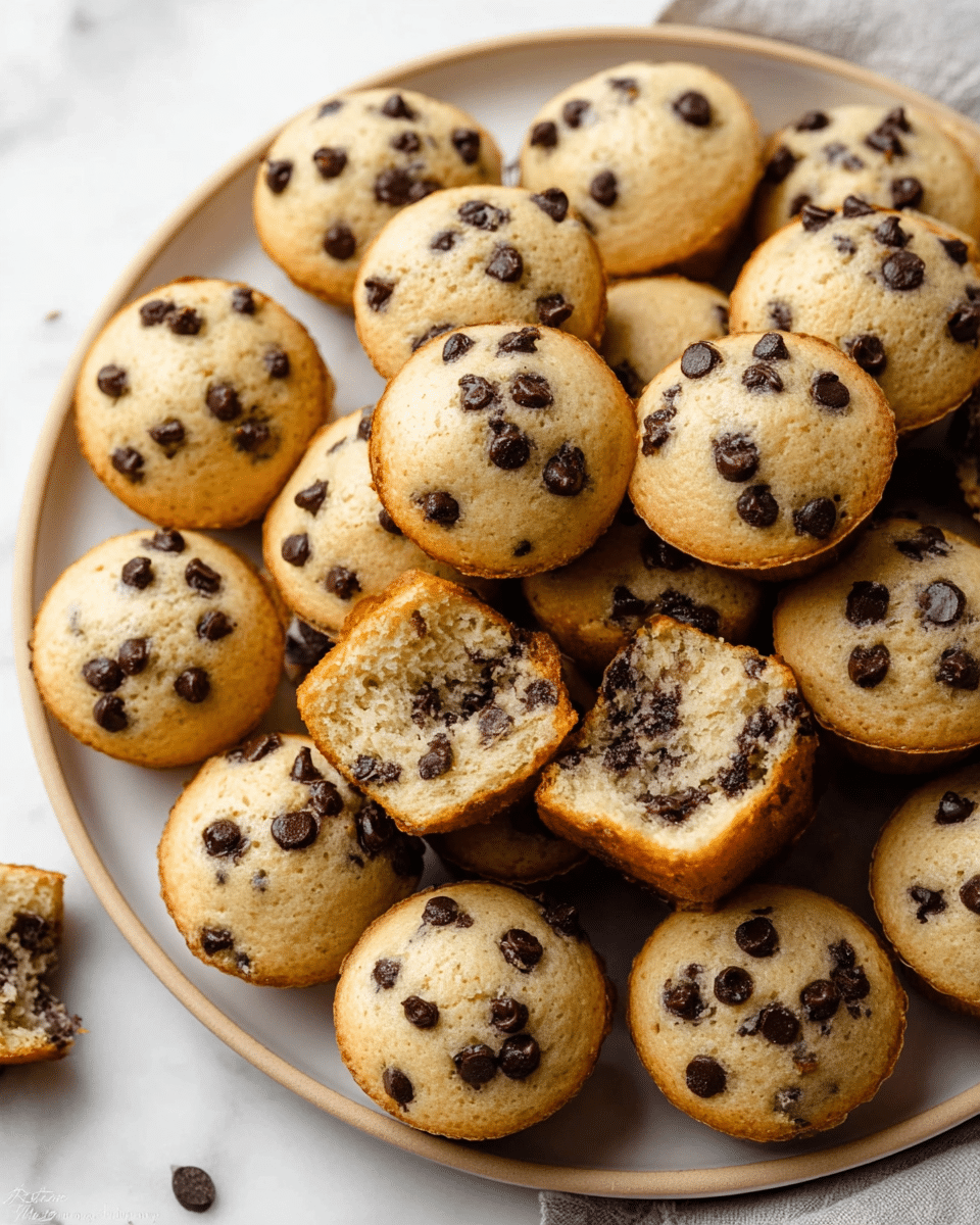 A close-up view of many small chocolate chip muffins piled on a large white plate with a light beige rim, sitting on a white marbled surface. Each muffin is golden brown on the sides with a light beige top dotted generously with dark brown chocolate chips. The muffins look soft and moist, with some broken open to show a spongy light interior filled with melted chocolate chips inside. The overall scene shows the muffins arranged casually, filling the plate fully. photo taken with an iphone --ar 4:5 --v 7