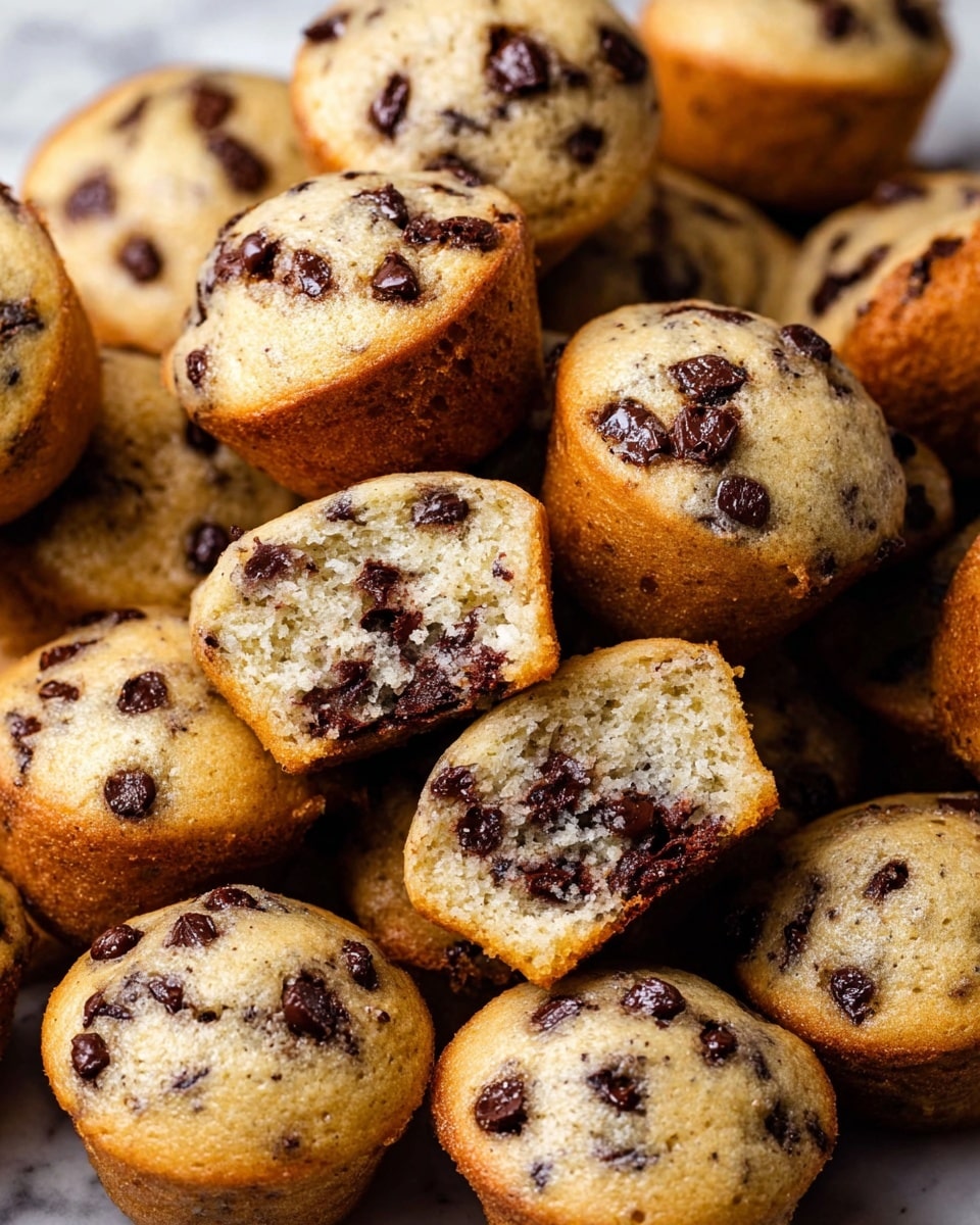 A pile of small, round chocolate chip muffins fills the frame, each muffin having a light golden-brown exterior with darker brown spots of melted chocolate chips evenly spread throughout. The texture of the muffins looks soft and moist, with some muffins broken in half to show their fluffy, light interior speckled generously with rich dark chocolate chunks. The muffins sit closely together on a white marbled surface, creating a cozy and inviting scene. Photo taken with an iphone --ar 4:5 --v 7