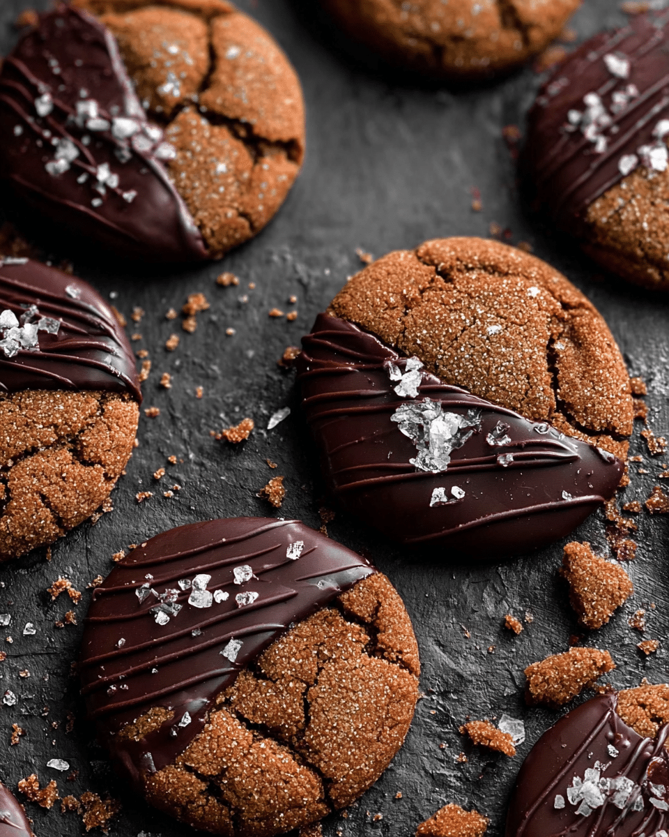 The image shows several round cookies with cracked, rough surfaces, each partially dipped in dark, glossy chocolate covering about half of the cookie. The chocolate half is decorated with thin drizzled lines of chocolate and sprinkled with coarse sea salt flakes. The cookies are arranged on a dark, textured surface that contrasts with their warm brown color and the deep black of the chocolate, giving a rustic feel. The cookies have a slightly raised texture, and small crumbs and salt flakes are scattered around, adding detail to the scene. photo taken with an iphone --ar 4:5 --v 7