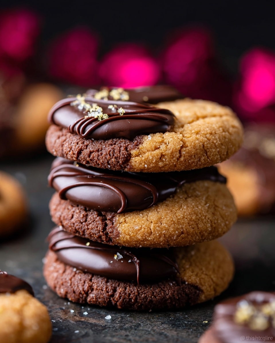 A close-up view of a stack of three cookies, each cookie showing two layers: a bottom light brown, rough textured cookie layer, topped by a thick, shiny dark chocolate layer that covers about half of the cookie. The chocolate layer has a smooth finish with a few thin darker chocolate swirls on top and small light yellow sugar bits sprinkled on the upper cookie. The cookies sit on a dark surface with another cookie partially visible on the left and the right edges of the image. The background is dark and blurry with soft pinkish-red shapes. photo taken with an iphone --ar 4:5 --v 7