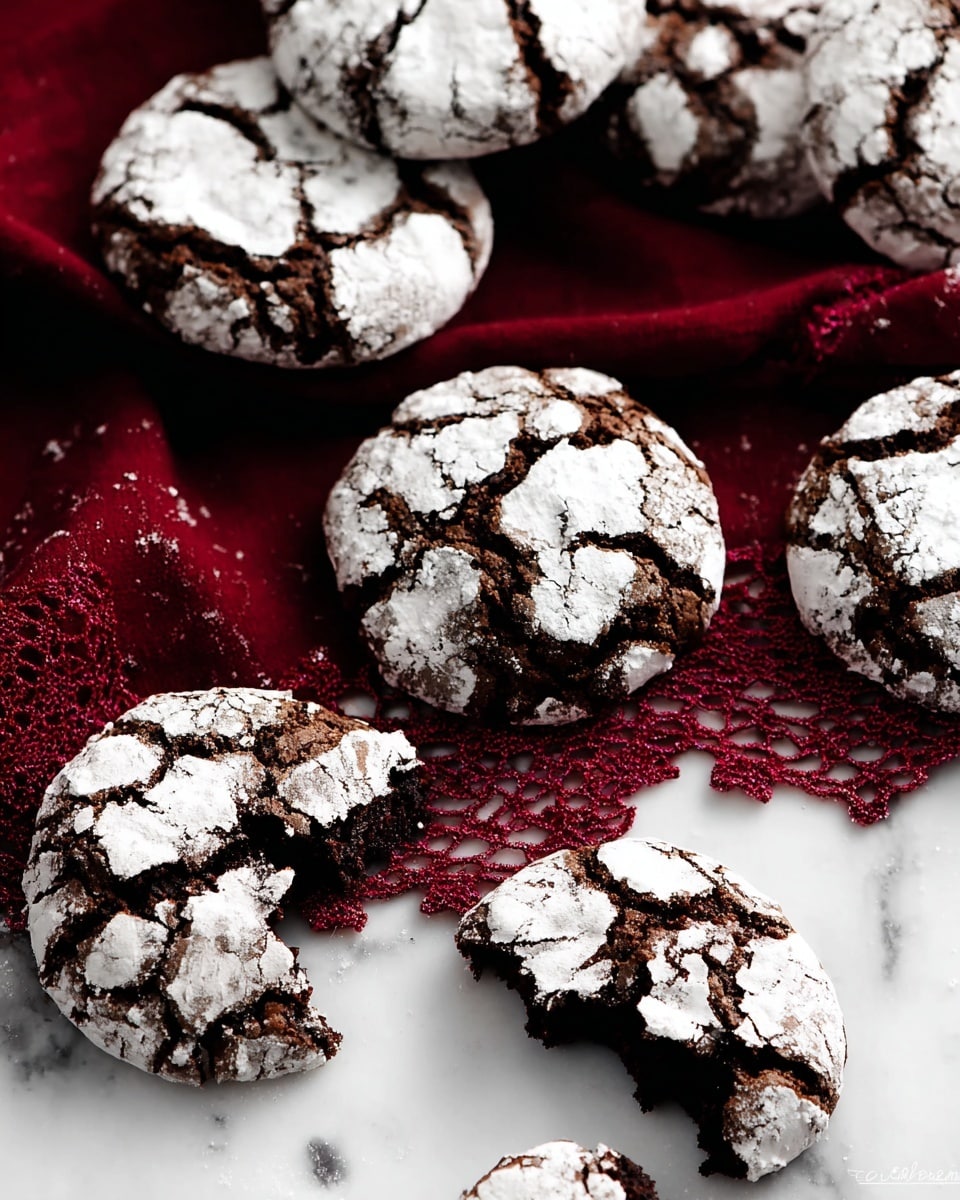 Several cracked chocolate crinkle cookies are scattered on a dark red cloth with a lacy edge, which lies on a white marbled surface. Each cookie has a rich dark brown base with a cracked white powdered sugar layer on top, showing the contrast of rough dark chocolate underneath. Some cookies are whole, while others are broken into pieces, revealing a soft, moist texture inside. Photo taken with an iphone --ar 4:5 --v 7