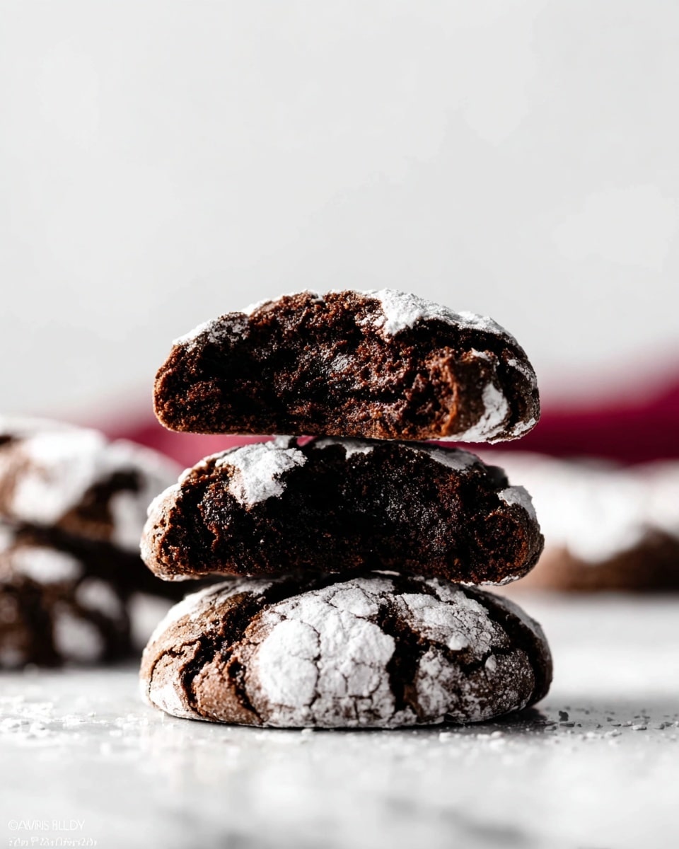 A close-up view of three thick, dark brown chocolate crinkle cookies stacked on top of each other on a white marbled surface. The top two cookies are split in half, showing their soft, textured interior. The outer layer of the cookies is covered with a light dusting of white powdered sugar that cracks open, revealing the moist chocolate beneath. In the blurred background, there are more cookies visible, maintaining the same cracked powdered sugar and rich chocolate look. Photo taken with an iphone --ar 4:5 --v 7