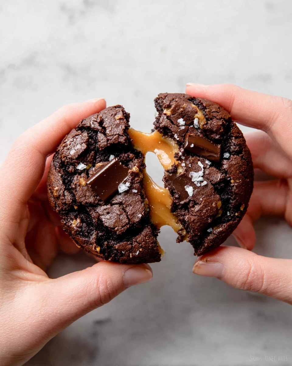 Two woman's hands hold a dark brown chocolate cookie broken in half, showing a soft, gooey caramel layer in the middle stretching between the halves. The cookie has a rough, cracked texture with small pieces of chocolate embedded, and a few coarse salt flakes are sprinkled on top. The background is a smooth white marbled texture. photo taken with an iphone --ar 4:5 --v 7