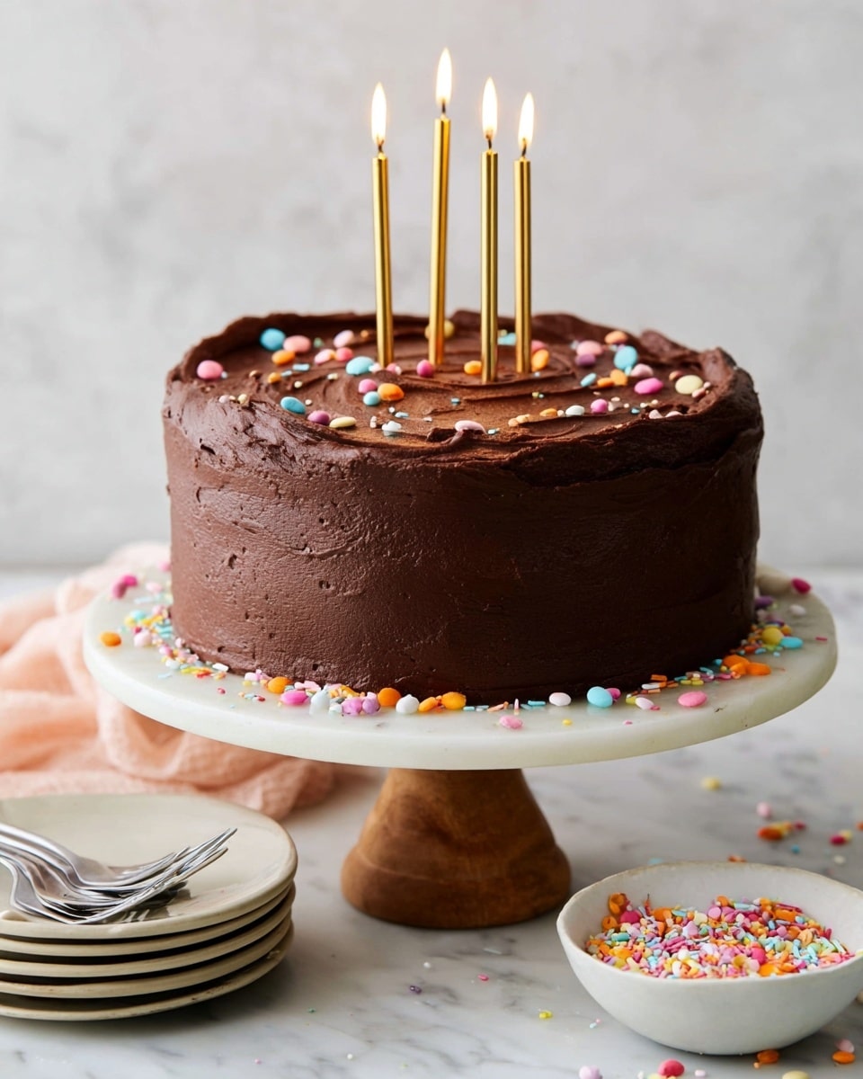 A round chocolate cake covered in smooth, thick, dark brown chocolate frosting with a slightly textured, swirled finish on the sides and top. The cake has five tall, thin gold candles lit evenly spaced on top. Scattered across the top and a few on the white marbled cake stand beneath are colorful confetti-like round sprinkles in pink, orange, white, yellow, green, blue, and purple. The cake stand has a wooden base. Nearby are stacked white plates with silver forks and a small white bowl filled with more colorful round sprinkles, all set on a white marbled surface. photo taken with an iphone --ar 4:5 --v 7