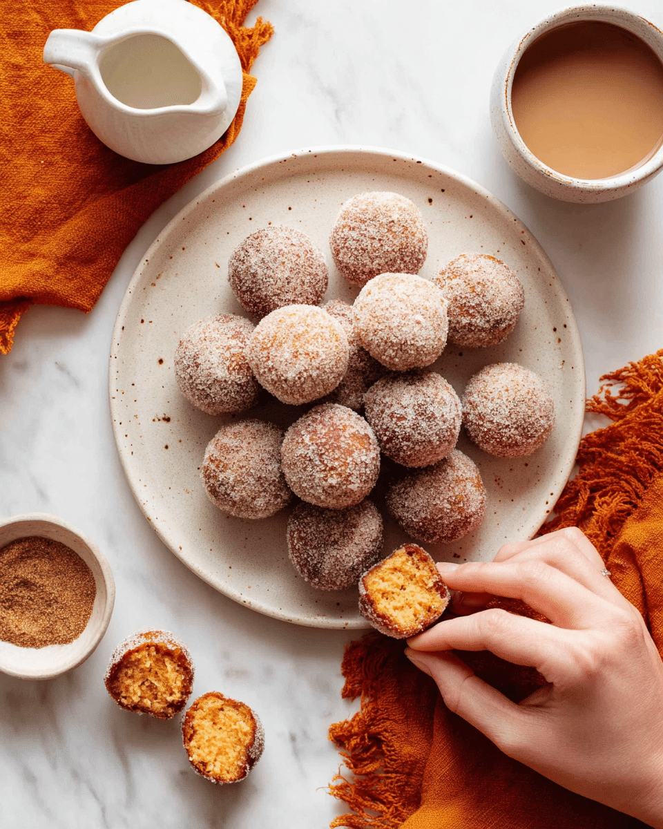 A white plate filled with two layers of round, cinnamon sugar-coated doughnut holes that are light brown and textured with sugar crystals. Around the plate, on a white marbled surface, there are two doughnut holes broken in half showing their soft, orange interior. A woman's hand is reaching to pick up one doughnut from the bottom left of the plate. Nearby, a small white bowl contains cinnamon sugar, and there is a white pitcher with milk on an orange textured cloth towards the top left. To the top right, a white cup is filled with light brown coffee. Photo taken with an iphone --ar 4:5 --v 7