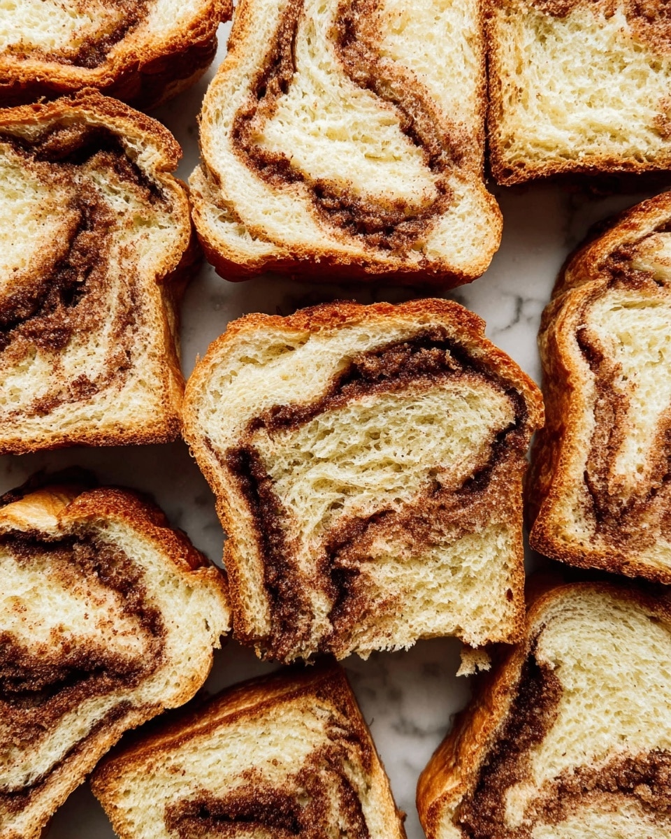 This image shows several slices of cinnamon swirl bread laid out closely together on a white marbled surface. Each slice has two main layers: a light golden-brown soft bread layer that looks fluffy with a slightly open crumb, and a thicker dark brown cinnamon-sugar layer that forms swirled patterns and slightly crumbly edges inside the bread. The cinnamon layers vary in thickness and intensity across the slices, creating a textured look. photo taken with an iphone --ar 4:5 --v 7