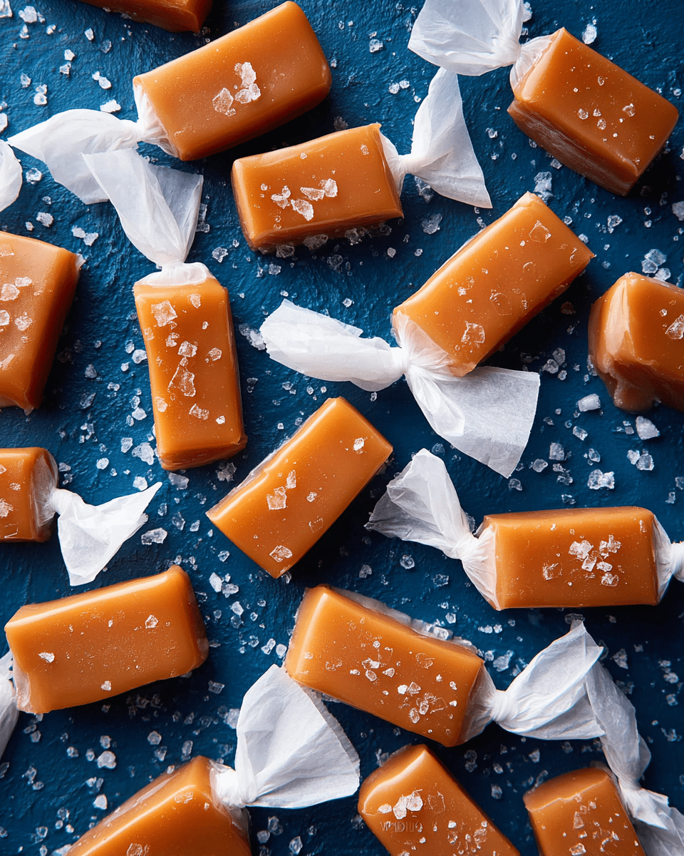 The image shows many rectangular caramel candies scattered over a dark blue textured surface, with flaky sea salt sprinkled on top of the candies. The caramels have a smooth, glossy brown color with visible salt crystals that add texture and sparkle. Among the caramels, there are three wrapped candies with white wrappers twisted at both ends, displaying the caramel color faintly through the wrappers. The candies are randomly placed, some close together and others a bit apart, filling the frame. photo taken with an iphone --ar 4:5 --v 7