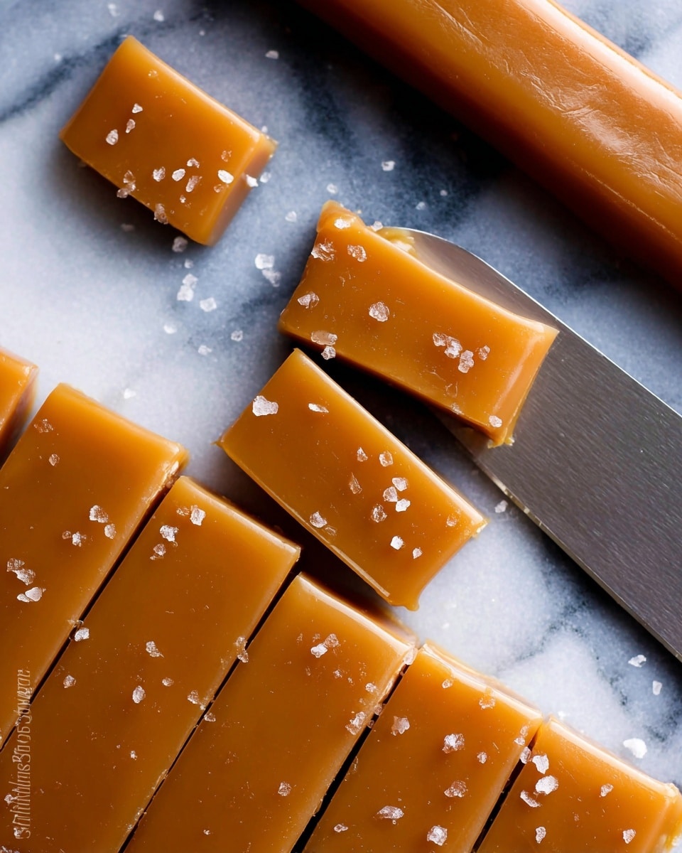 The image shows a close-up of soft caramel candy being cut on a white marbled surface. There is one long, smooth rope of caramel colored light brown, sprinkled with coarse sea salt grains that glisten on the glossy texture. A sharp silver knife slices through the caramel rope, creating even rectangular pieces arranged in a neat row in the lower part of the image. The caramel surfaces reflect light, showing a slight shine and smoothness with visible salt crystals on top. Photo taken with an iphone --ar 4:5 --v 7