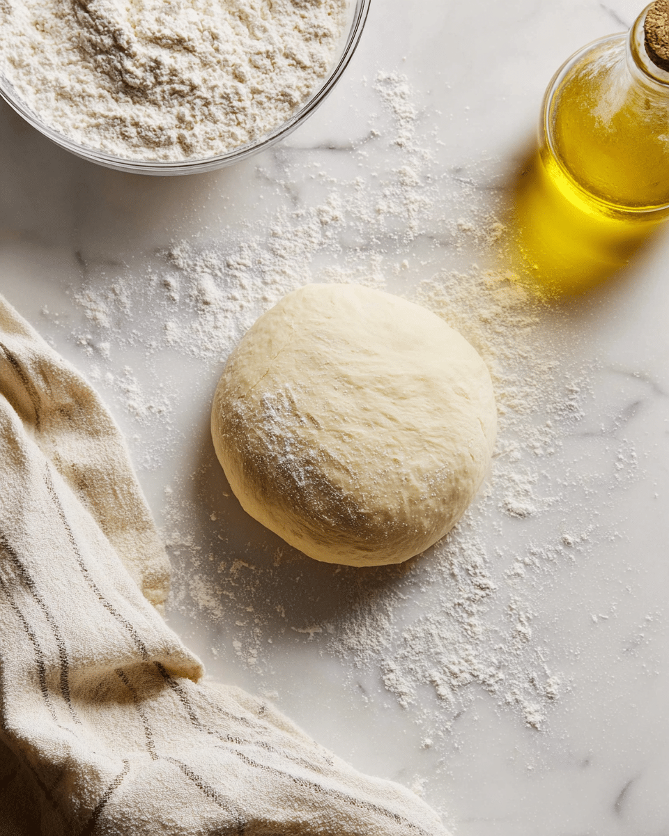 A smooth, round ball of dough sits in the center of a white marbled surface, lightly dusted with flour. To the upper left, a clear glass bowl filled with white flour is visible, and to the upper right, a glass bottle of golden olive oil reflects light. A beige and white striped cloth lies casually on the lower left edge of the frame. Flour is scattered softly around the dough, creating a gentle texture contrast against the clean, white marble photo taken with an iphone --ar 4:5 --v 7