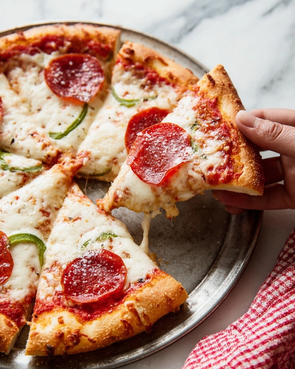 A close-up of a pizza with four visible slices on a round metal tray, set on a white marbled surface. The pizza has one thick golden-brown crust layer, topped with a bright red tomato sauce layer that peeks out from the edges, and a thick layer of melted white cheese with a slightly bubbly and creamy texture. On top, there are round red pepperoni slices and a few thin green bell pepper slices scattered. A woman's hand is holding one slice with a visible golden crust and gooey cheese stretched slightly between the slice and the rest of the pizza. A red and white checkered cloth is partially visible at the bottom right corner. Photo taken with an iphone --ar 4:5 --v 7