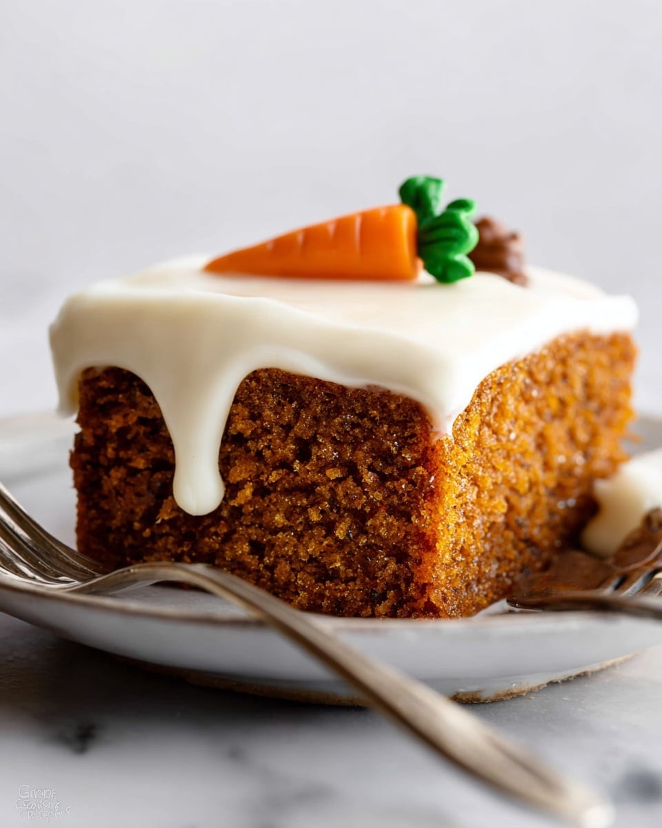 A close-up view of a single square slice of a soft, moist brown cake with tiny holes and crumb texture, topped with a smooth, thick layer of creamy white frosting that drips slightly over the edges. On top of the frosting, there is a small orange carrot decoration with green leaves and a little brown detail. The cake sits on a white plate with a silver fork resting next to it, all placed on a white marbled surface. Photo taken with an iphone --ar 4:5 --v 7