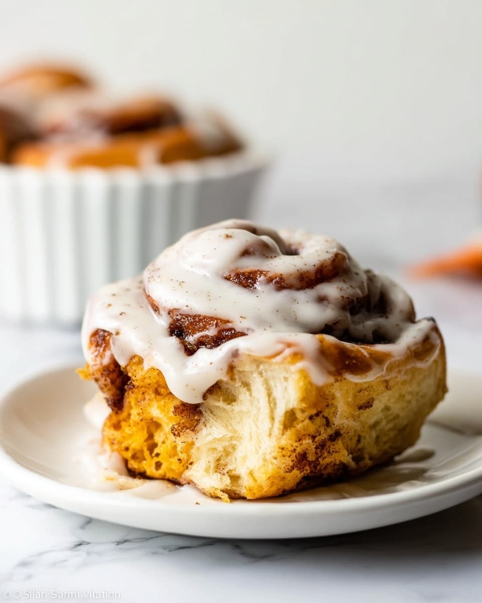 A single cinnamon roll sits on a white plate over a white marbled surface, showing about three visible layers. The base layer is a soft, golden-brown dough twisted with darker cinnamon swirls throughout. The middle layer is rich with slightly sticky cinnamon filling, visible in the folds of the dough. On top, a thick, creamy off-white icing with specks of cinnamon coats the roll, dripping slightly over the sides. The texture of the dough looks fluffy and moist, while the icing appears smooth and glossy. In the blurred background, another cinnamon roll can be seen inside a white fluted cup. Photo taken with an iphone --ar 4:5 --v 7