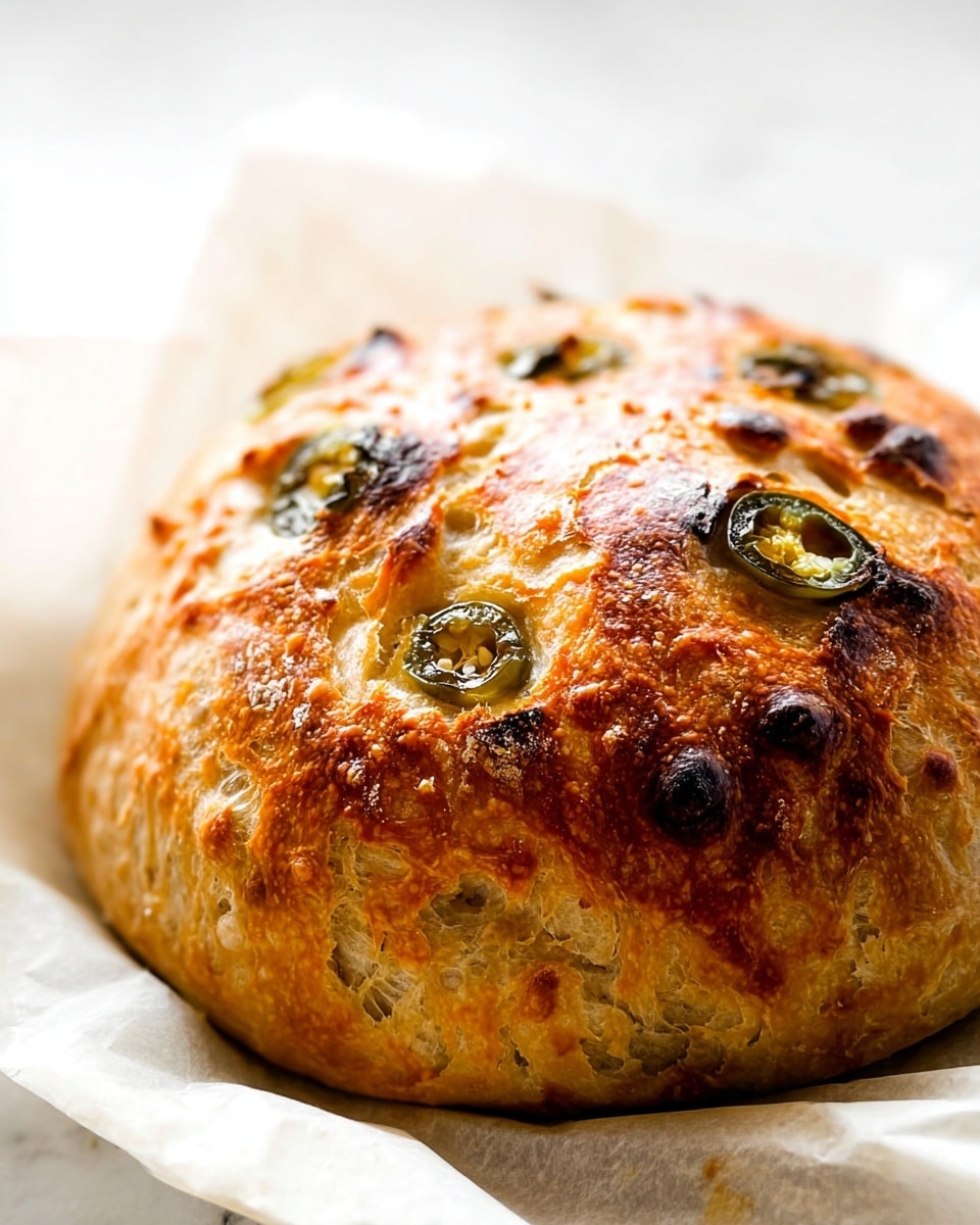 A close-up view of a round, golden-brown bread loaf resting on white parchment paper with soft folds around it, placed on a white marbled surface. The bread has a crusty texture with a shiny finish and is dotted with slices of green jalapeños baked into the top layer, adding spots of darker green and charred edges. The surface of the bread shows some flour dusting and naturally formed bubbles from baking, giving it a rustic and hearty look. Photo taken with an iphone --ar 4:5 --v 7