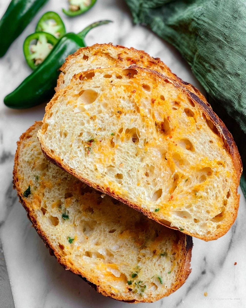 Two thick slices of bread are shown from above, each slice revealing a golden-brown crust and a soft interior with small holes and bits of green herbs mixed in. The edges have a slight crisp texture with a light toasted color, and the inside is creamy white with swirls of melted cheese giving it a warm orange tint. In the background, two slices of green chili pepper are placed on a white marbled surface next to a green cloth. photo taken with an iphone --ar 4:5 --v 7