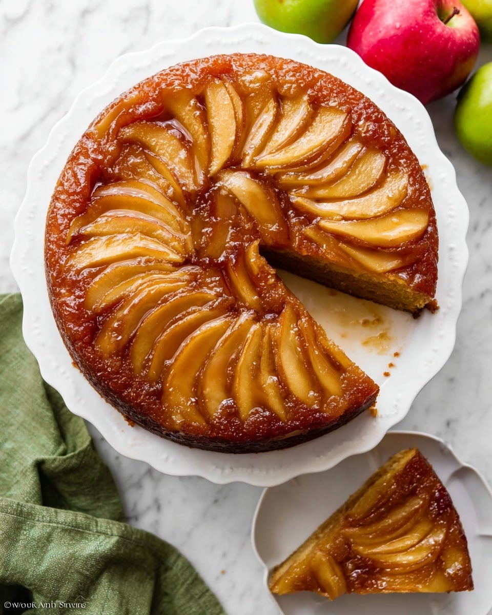 A round upside-down cake with a glossy caramelized layer of golden brown cooked apple slices arranged neatly on top, showing their soft, slightly translucent texture in overlapping fan shapes. Below the apple layer, the cake is a darker brown, moist and dense. One slice is cut out, revealing the contrast between the shiny apple top and the warm brown cake base. The cake sits on a white plate with scalloped edges, placed on a white marbled surface. A slice is on a smaller white plate nearby, with a green cloth and red and green apples in the background. Photo taken with an iphone --ar 4:5 --v 7