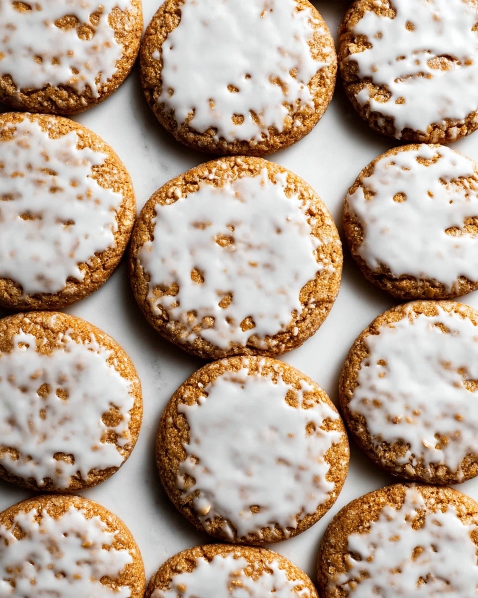 A close-up of many round cookies laid flat on a white marbled surface, each cookie showing a golden-brown color with a slightly rough texture. On top of each cookie is a thin, uneven white icing layer that covers most of the surface but leaves some patches of cookie visible through it. The cookies are arranged closely together in a grid-like pattern with soft lighting highlighting their warm tones and the contrast between the icing and the cookie base. photo taken with an iphone --ar 4:5 --v 7