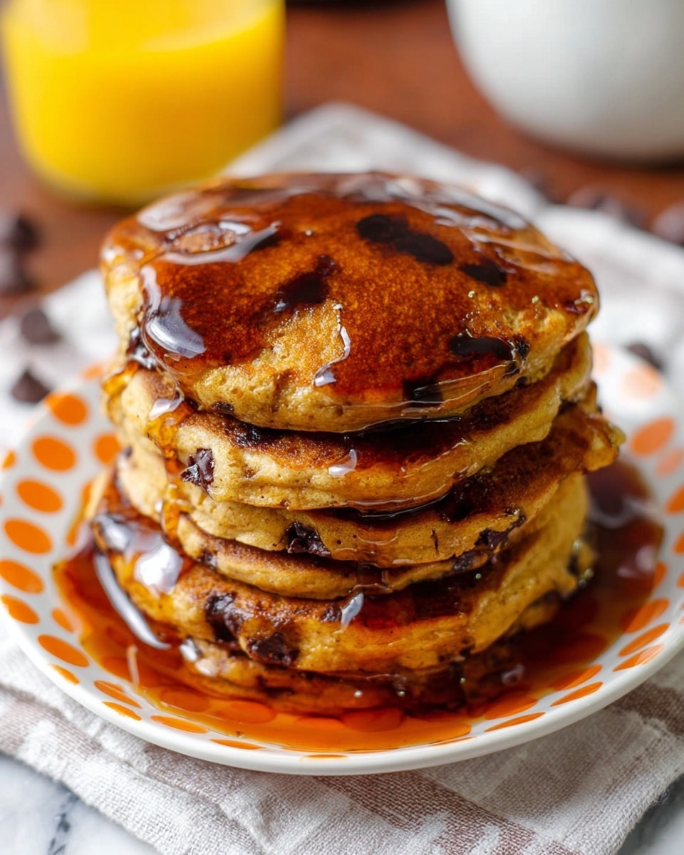 A stack of five thick, golden-brown chocolate chip pancakes sits on a white plate with an orange and white polka-dot pattern. The pancakes show dark chocolate chips scattered throughout and are topped with a generous drizzle of shiny, amber syrup that flows down the sides, creating a rich, glossy texture. The plate rests on a light checkered cloth over a white marbled surface, with a blurred glass of orange juice visible in the background. photo taken with an iphone --ar 4:5 --v 7