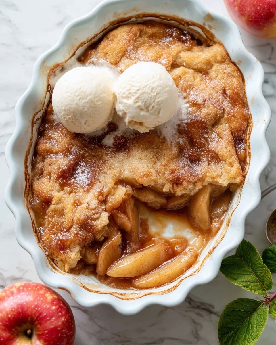 A white scalloped baking dish filled with warm apple cobbler, showing a golden brown top layer with a slightly crisp and sugary texture, partially scooped to reveal soft, tender apple slices coated in a shiny cinnamon sauce underneath. Two creamy white scoops of ice cream rest on the top left side, starting to melt slightly onto the cobbler. The dish sits on a white marbled surface with a red apple and green leaves placed nearby as decoration. Photo taken with an iphone --ar 4:5 --v 7