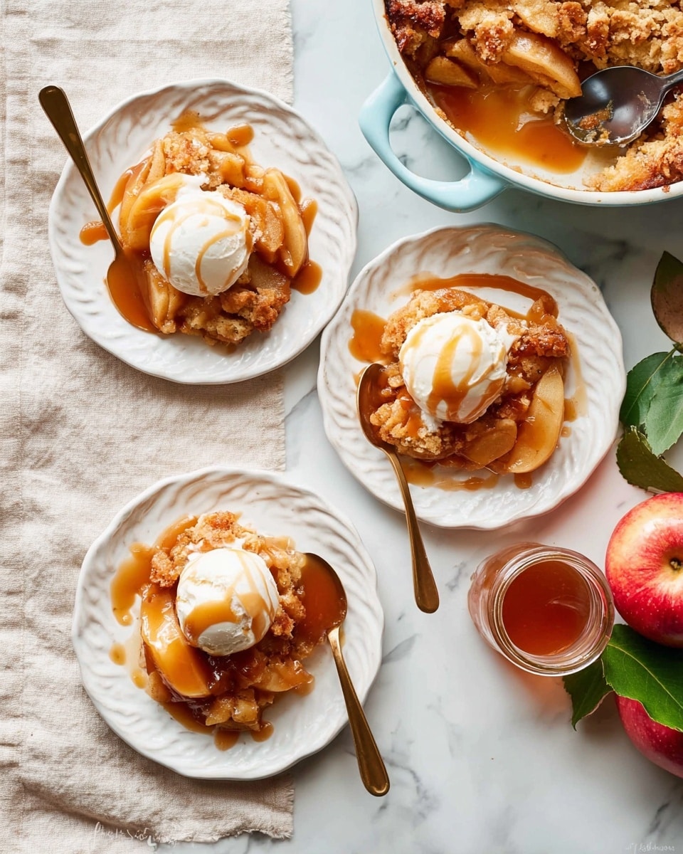 Three servings of apple cobbler are placed on white decorative plates, each with a scoop of melting white vanilla ice cream on top and drizzled with caramel sauce. The cobbler layers show soft, golden-brown baked dough on top, tender cooked apple slices in the middle with a shiny caramel glaze, and a crumbly texture visible in the dough. Two spoons rest on the plates, capturing the soft texture. A light blue baking dish filled with more cobbler is positioned at the top right, showing a golden crust with caramel sauce drizzled over it. A red and yellow apple with green leaves and a jar of caramel sauce with a spoon inside sit on a white marbled surface against a light beige linen cloth. Photo taken with an iphone --ar 4:5 --v 7