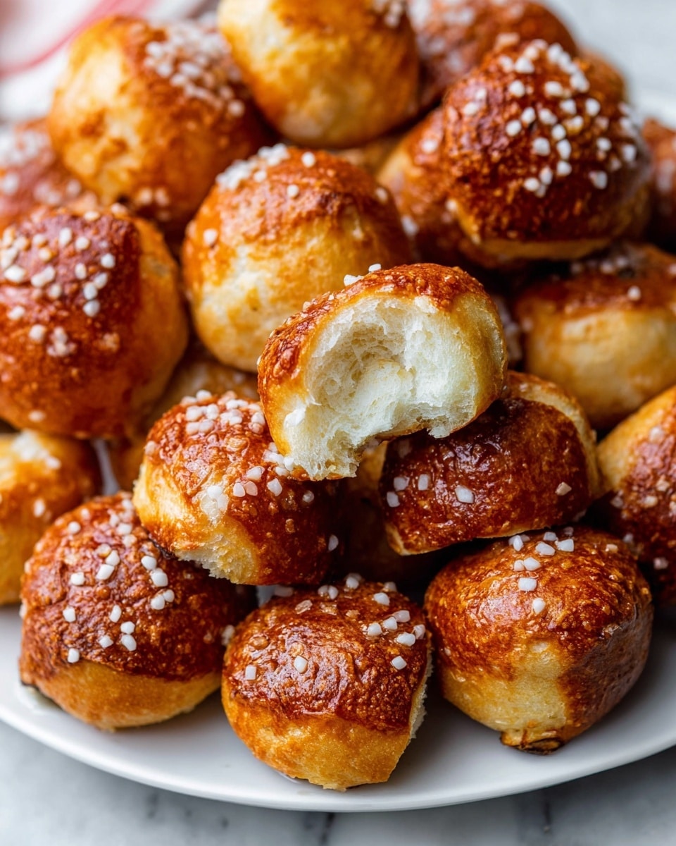 A close-up of a white plate full of small, round soft pretzel bites with a deep golden-brown color, each topped with coarse salt crystals that glisten in the light; the texture looks slightly crispy on the outside while the inside of one bite, which is partially torn open, reveals a fluffy and light white bread interior. The plate is placed on a white marbled surface. photo taken with an iphone --ar 4:5 --v 7
