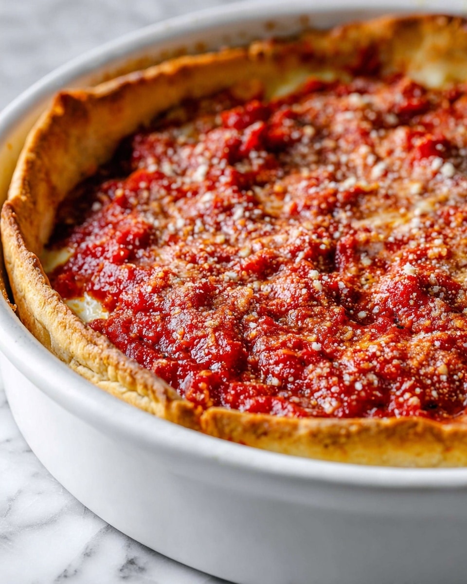 A close-up of a deep-dish pizza inside a white ceramic round pan, showing three visible layers: a thick, golden-brown crust forming the base and outer edge, topped by a white melted cheese layer just beneath the sauce, and a top layer of thick, chunky red tomato sauce sprinkled with fine grated cheese that creates a speckled texture. The sauce covers the surface unevenly, revealing hints of the cheese underneath. The pan sits on a white marbled surface. Photo taken with an iphone --ar 4:5 --v 7