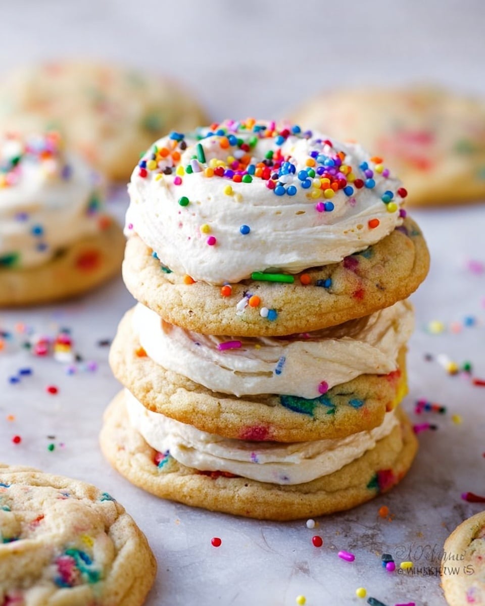 A stack of four soft, round cookies sits on a white marbled surface, each cookie baked to a light golden brown with bright, colorful candy bits scattered throughout. The top cookie is thickly spread with a smooth, white frosting that looks creamy and swirled, sprinkled with small, round multicolored confetti sprinkles. Around the stack, more cookies with the same frosting and sprinkles lay casually on the surface, along with a few sprinkles scattered nearby. The texture of the cookies appears slightly crumbly but soft. photo taken with an iphone --ar 4:5 --v 7