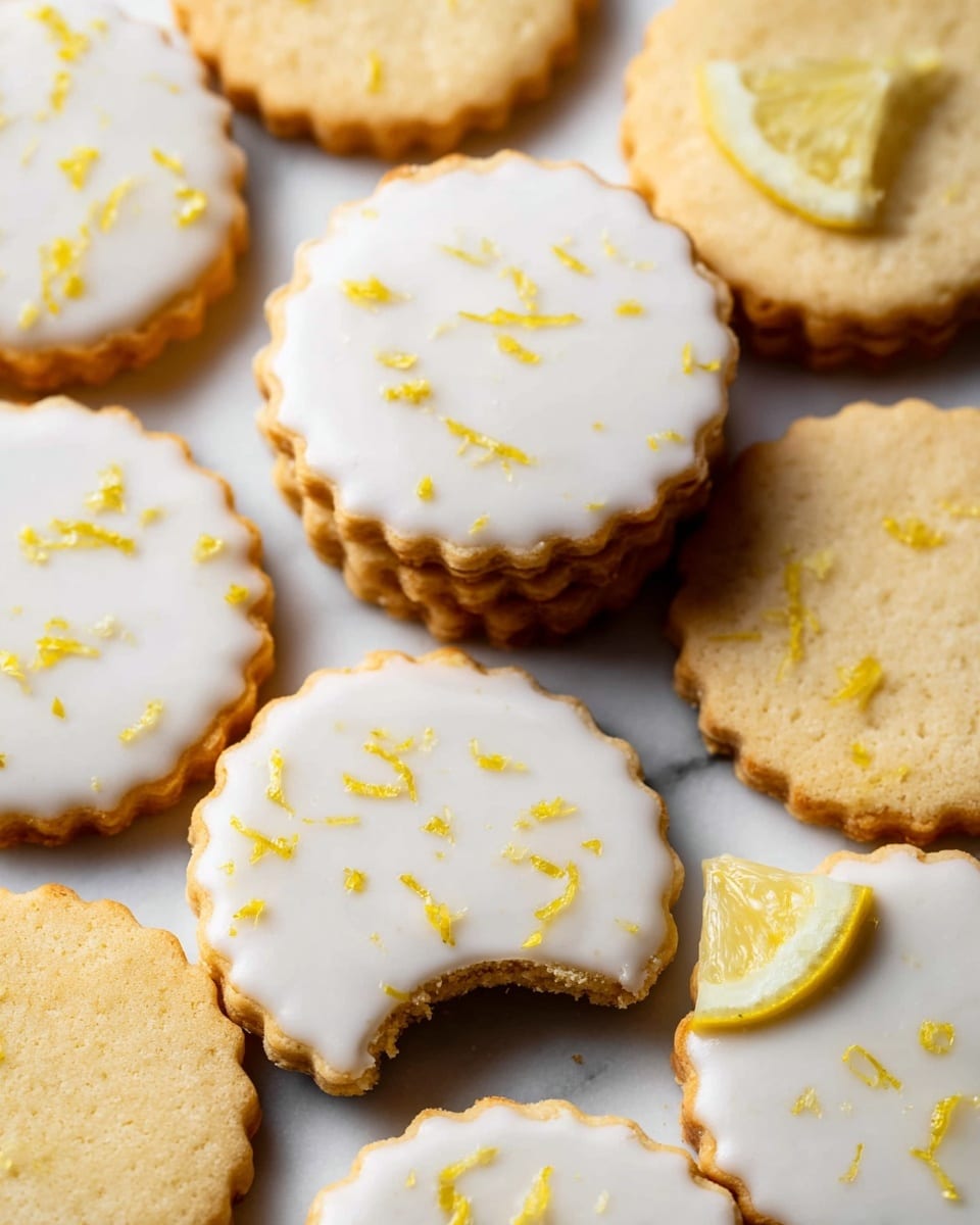A close-up view of multiple round shortbread cookies with scalloped edges, some plain and some topped with a smooth white icing sprinkled with bright yellow lemon zest. The cookies are layered gently over a white marbled surface, with one cookie showing a bitten edge and another topped with a small lemon wedge. The shortbread base is light golden brown with a slightly crumbly texture, and the white icing on some cookies is glossy and thin, evenly covering the top layer. photo taken with an iphone --ar 4:5 --v 7