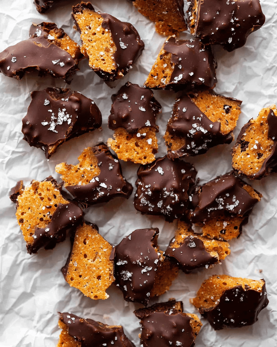 The image shows many broken pieces of a two-layer treat scattered over white crumpled paper on a white marbled texture. The bottom layer is golden brown with a bubbly, crunchy texture and scattered darker spots, while the top layer is a smooth, shiny dark chocolate coating sprinkled with coarse salt crystals. The pieces vary in shape and size, with some showing more chocolate on top and others revealing the crisp bubbly base. The contrast between the dark chocolate and the golden crunch beneath is clear and eye-catching. Photo taken with an iphone --ar 4:5 --v 7
