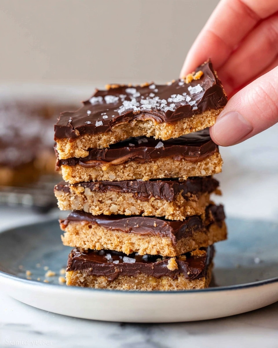 A stack of five square cookie bars shows three layers each, with a golden brown, crumbly base and a thick, smooth dark chocolate layer on top sprinkled with flakes of sea salt. The chocolate layer is glossy and slightly cracked. A woman's hand is holding a piece broken off the top bar, showing the crunchy texture inside. The bars sit on a white plate with a subtle blue rim, placed on a white marbled surface. The focus is sharp on the top bars and the woman's hand, with a blurred background. photo taken with an iphone --ar 4:5 --v 7